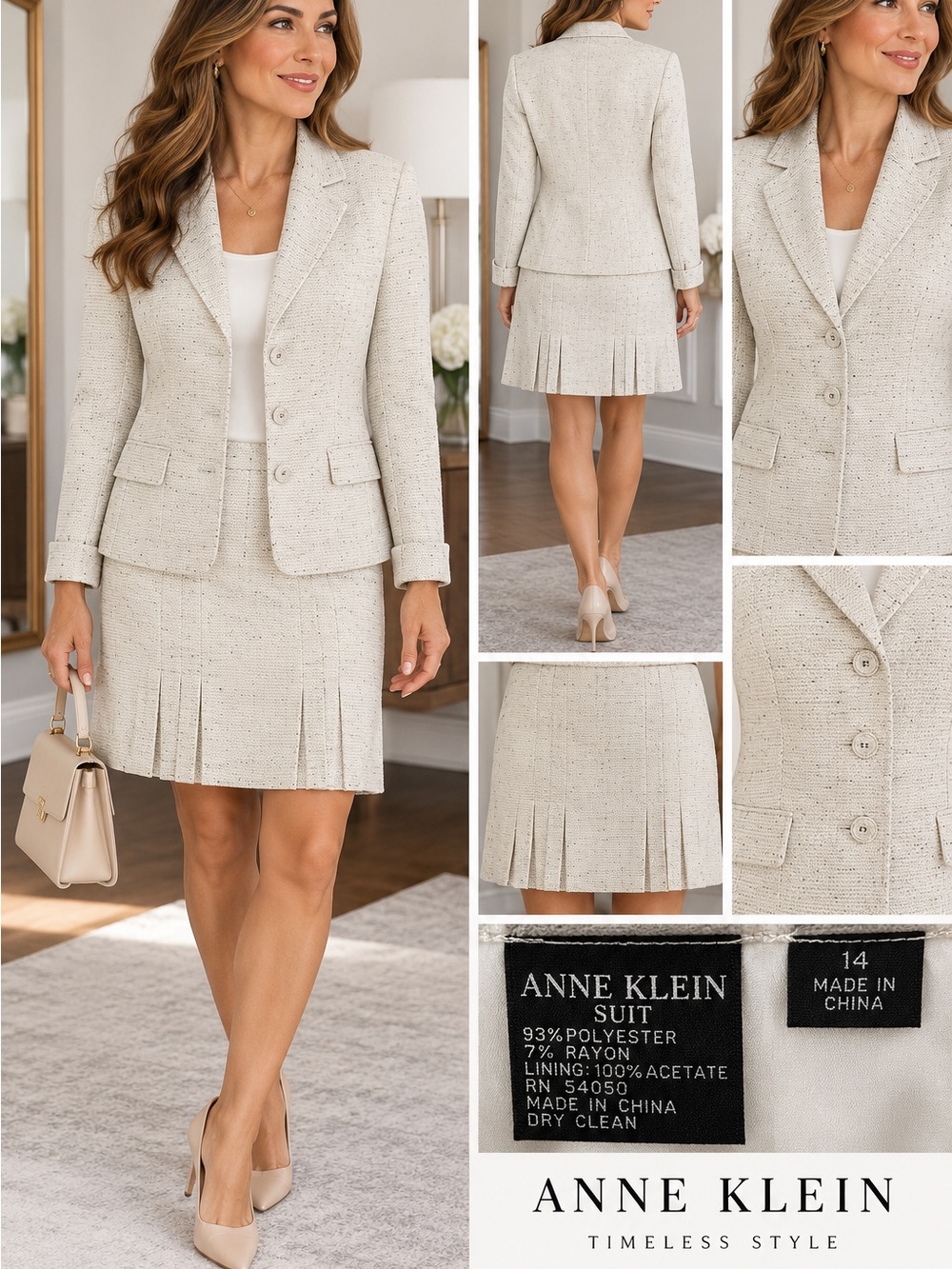 Anne Klein Beige Cream Tweed Pleated Skirt Set
